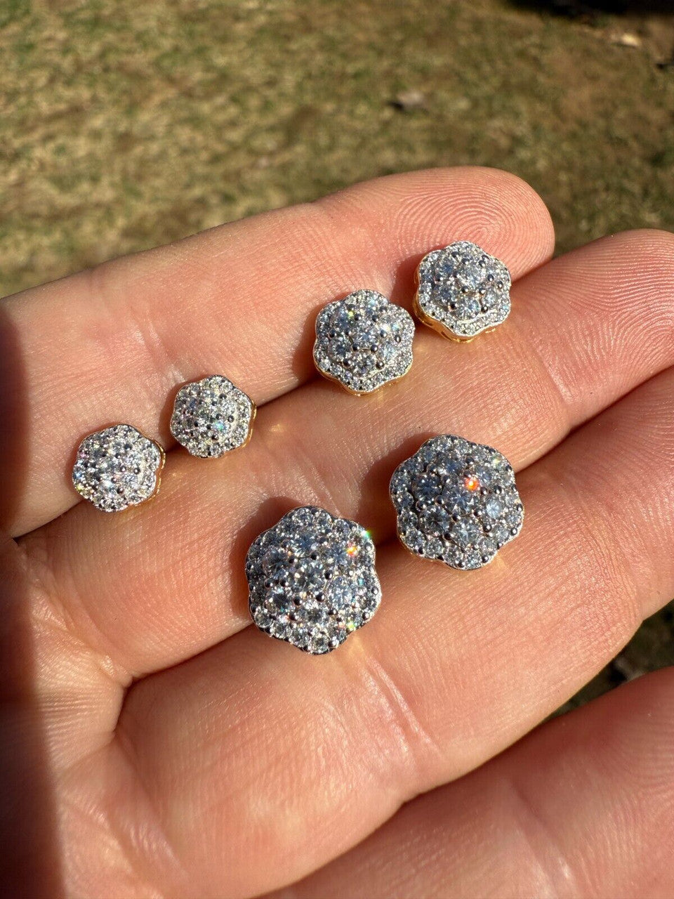 Micropave Cluster Iced Out Earrings - 14k Gold Vermeil 925 Silver - CZ Stones - 7.5mm-12mm
