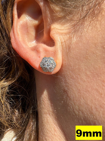 Micropave Cluster Iced Out Earrings - 14k Gold Vermeil 925 Silver - CZ Stones - 7.5mm-12mm