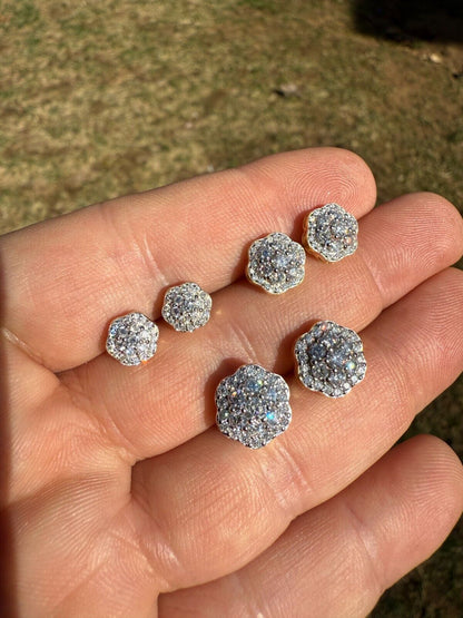 Micropave Cluster Iced Out Earrings - 14k Gold Vermeil 925 Silver - CZ Stones - 7.5mm-12mm