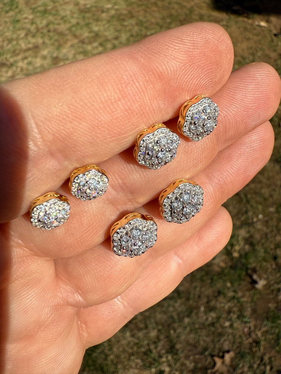 MOISSANITE Micropave Cluster Iced Out Earrings - 14k Gold Vermeil 925 Silver - 7.5mm-12mm