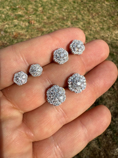 Micropave Cluster Iced Out Earrings - 925 Silver - CZ Stones - 7.5mm-12mm