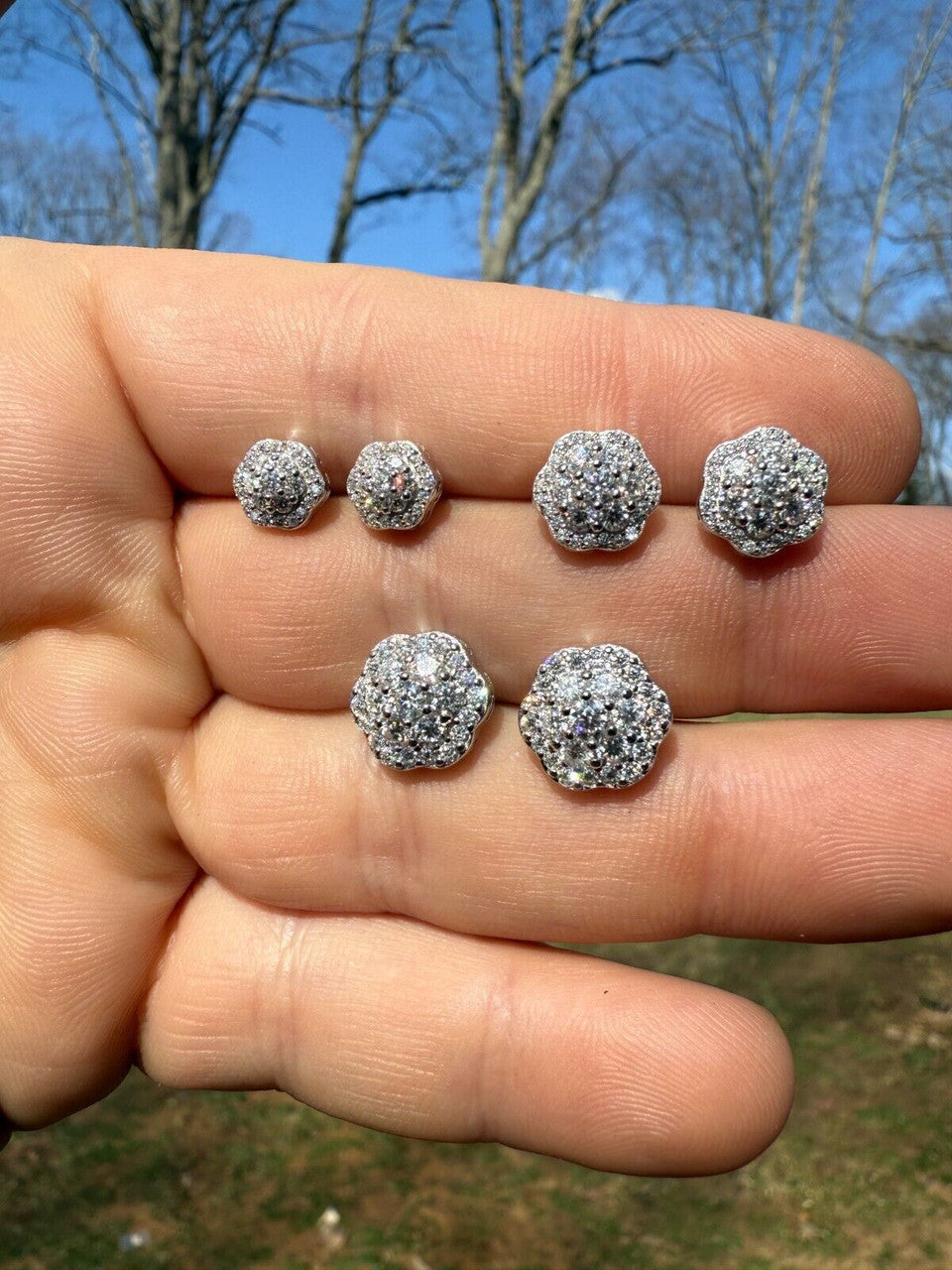 Micropave Cluster Iced Out Earrings - 925 Silver - CZ Stones - 7.5mm-12mm