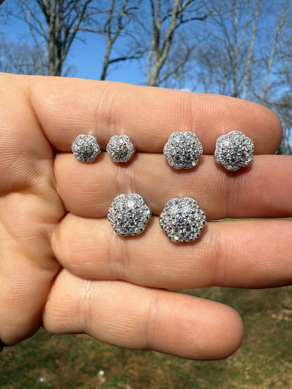 Micropave Cluster Iced Out Earrings - 925 Silver - CZ Stones - 7.5mm-12mm