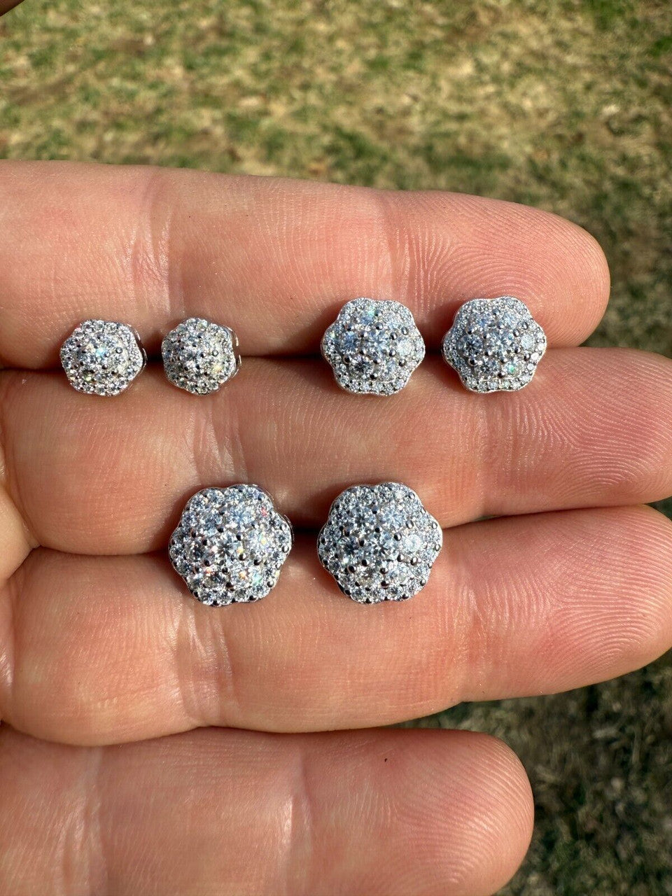 Micropave Cluster Iced Out Earrings - 925 Silver - CZ Stones - 7.5mm-12mm