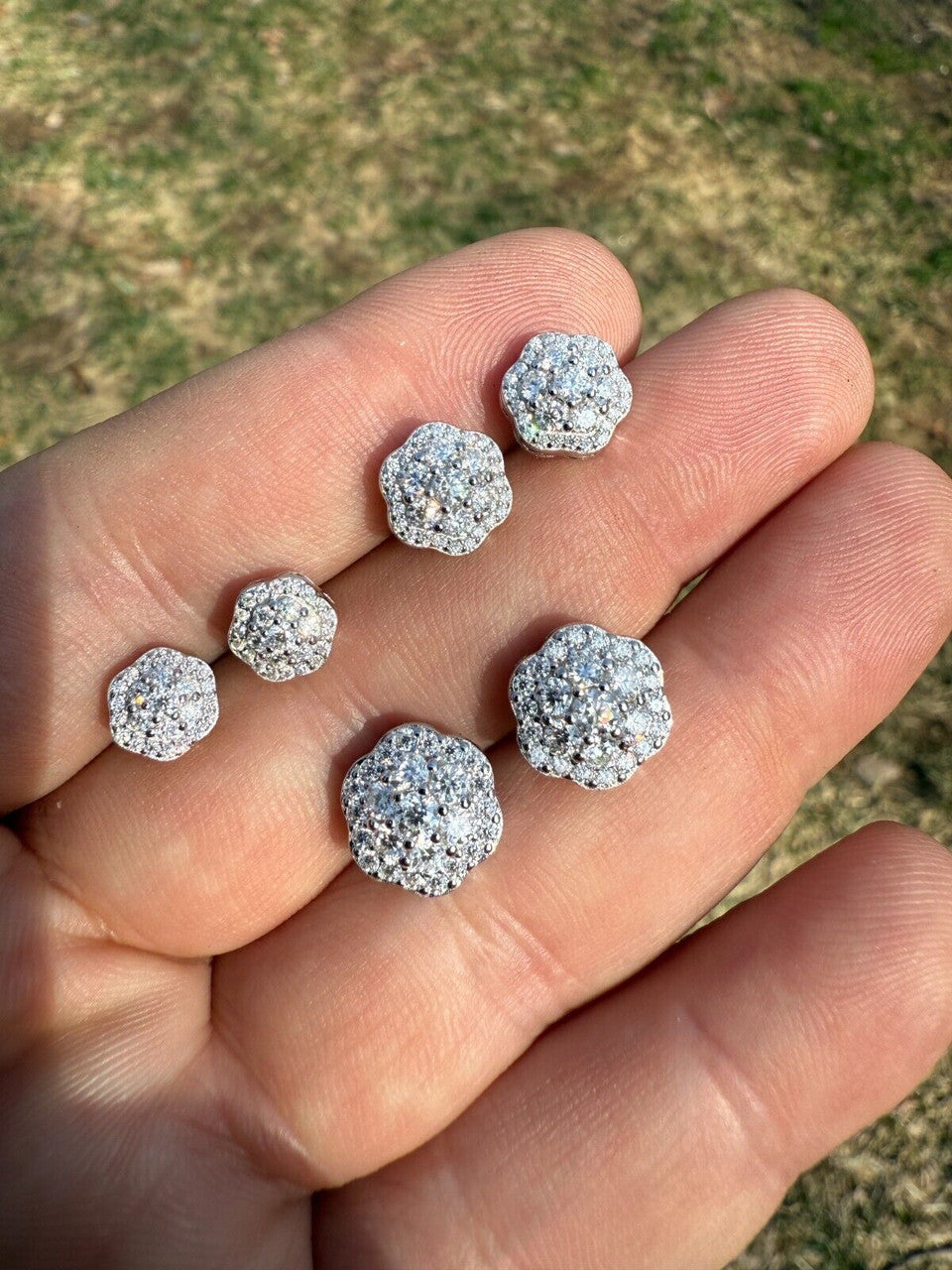 MOISSANITE Micropave Cluster Iced Out Earrings - 925 Silver - 7.5mm-12mm