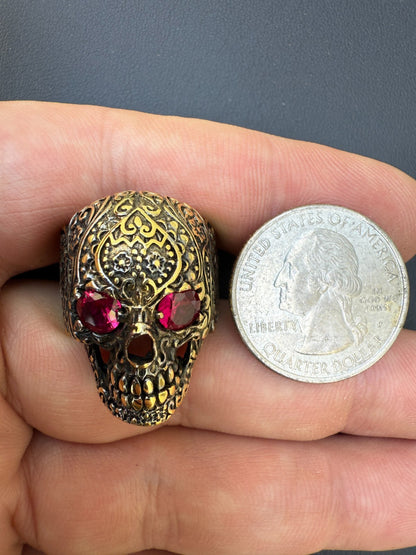 Sugar Skull & Roses Ring - 14k Gold Vermeil 925 Silver Oxidized