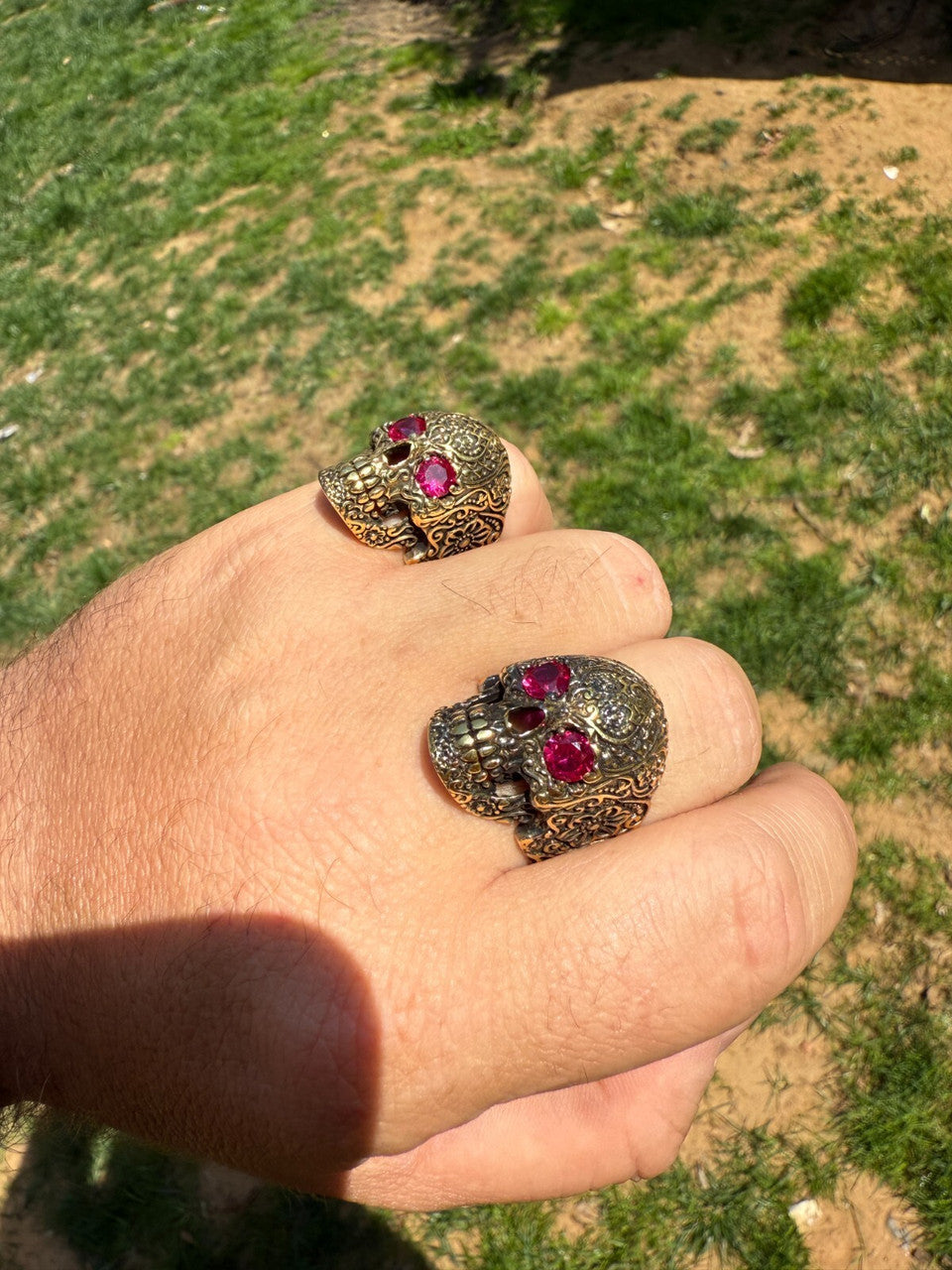 Sugar Skull & Roses Ring - 14k Gold Vermeil 925 Silver Oxidized
