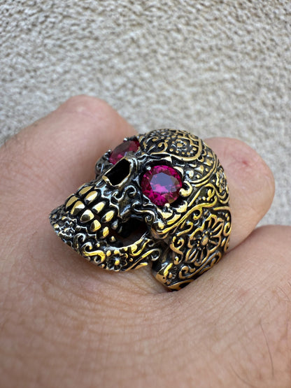 Sugar Skull & Roses Ring - 14k Gold Vermeil 925 Silver Oxidized