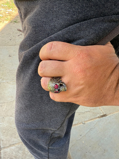 Sugar Skull & Roses Ring - 14k Gold Vermeil 925 Silver Oxidized