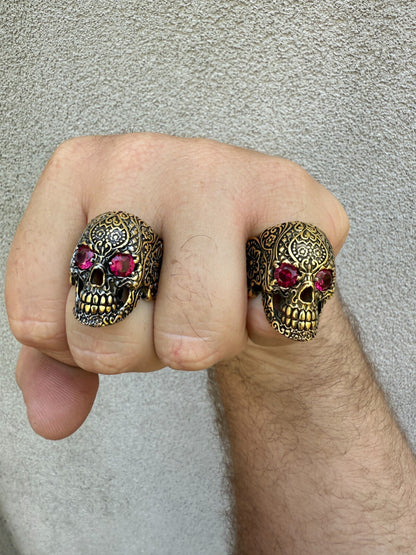 Sugar Skull & Roses Ring - 14k Gold Vermeil 925 Silver Oxidized