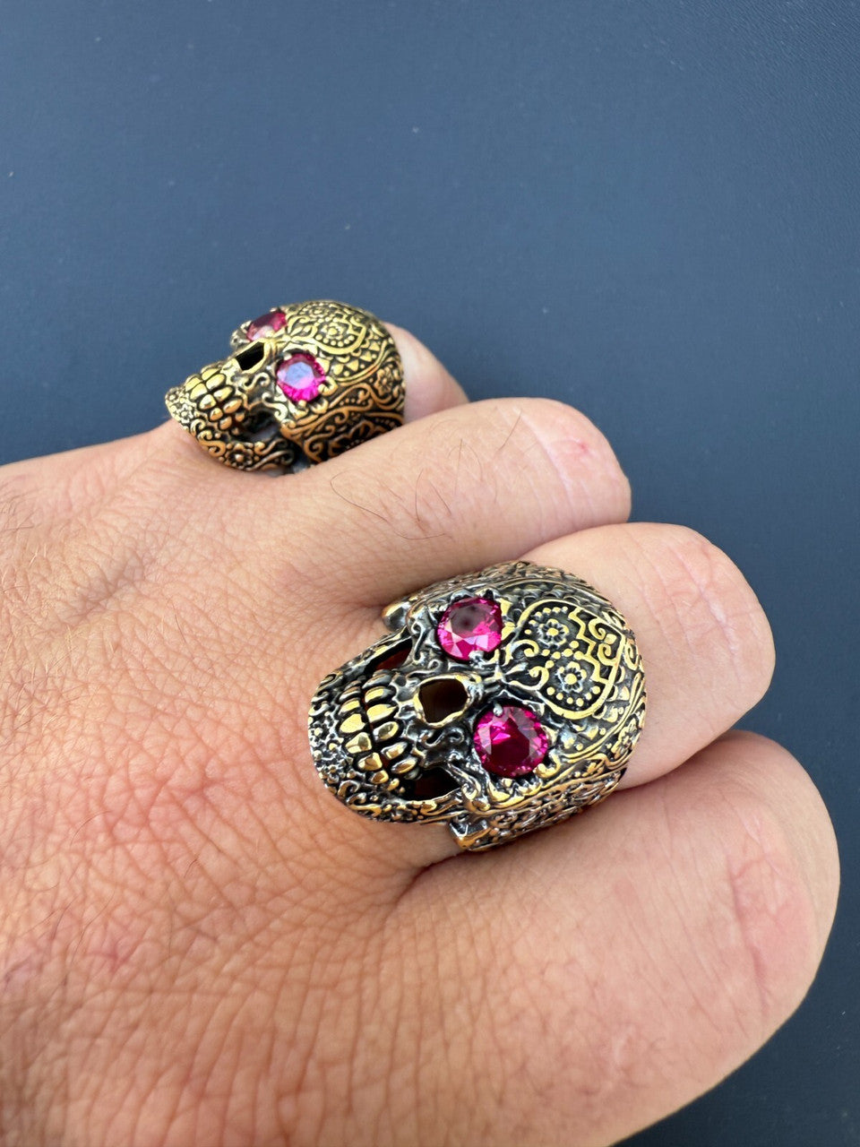 Sugar Skull & Roses Ring - 14k Gold Vermeil 925 Silver Oxidized