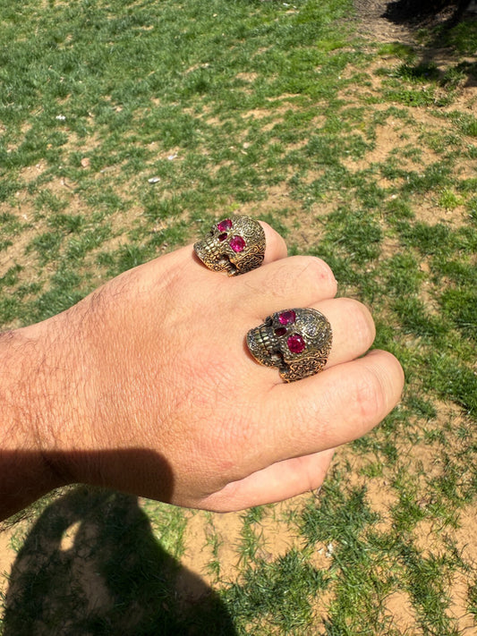 Sugar Skull & Roses Ring - 14k Gold Vermeil 925 Silver Oxidized