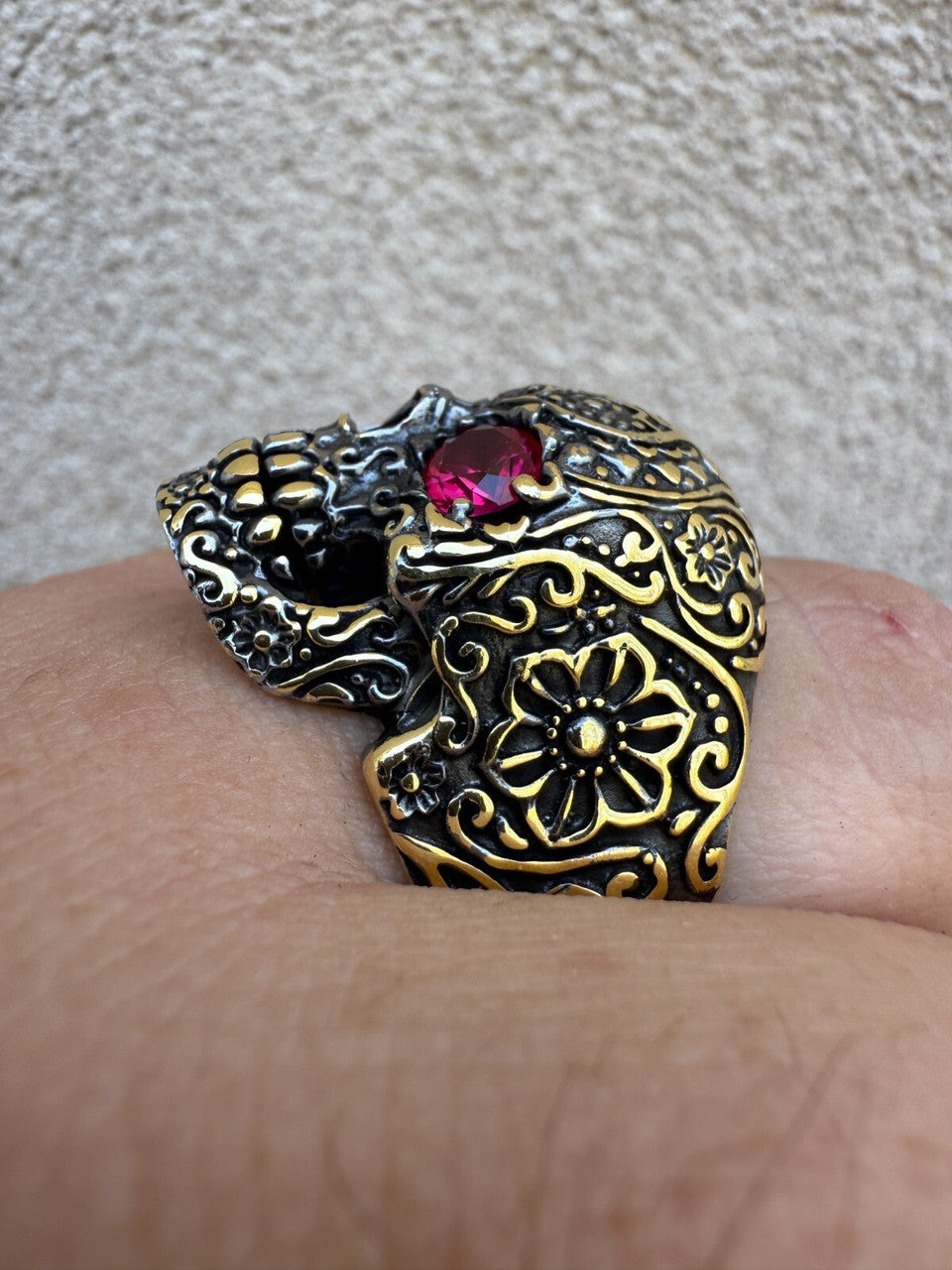 Sugar Skull & Roses Ring - 14k Gold Vermeil 925 Silver Oxidized