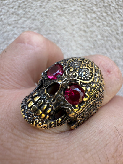 Sugar Skull & Roses Ring - 14k Gold Vermeil 925 Silver Oxidized