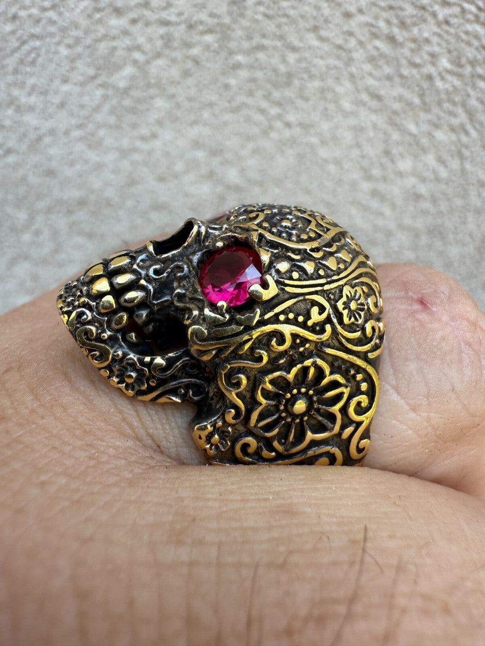 Sugar Skull & Roses Ring - 14k Gold Vermeil 925 Silver Oxidized