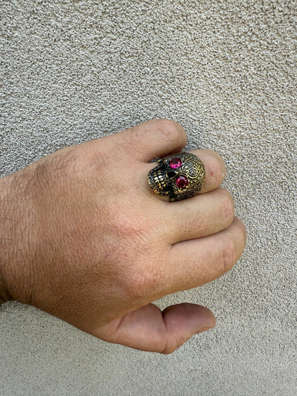 Sugar Skull & Roses Ring - 14k Gold Vermeil 925 Silver Oxidized
