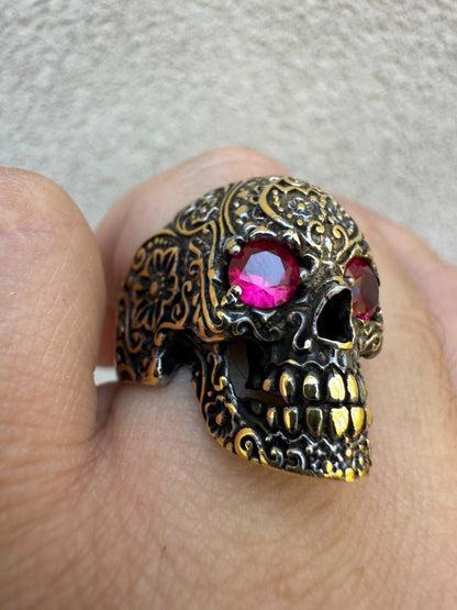 Sugar Skull & Roses Ring - 14k Gold Vermeil 925 Silver Oxidized