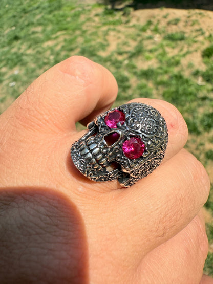 Sugar Skull & Roses Ring - 925 Silver Oxidized