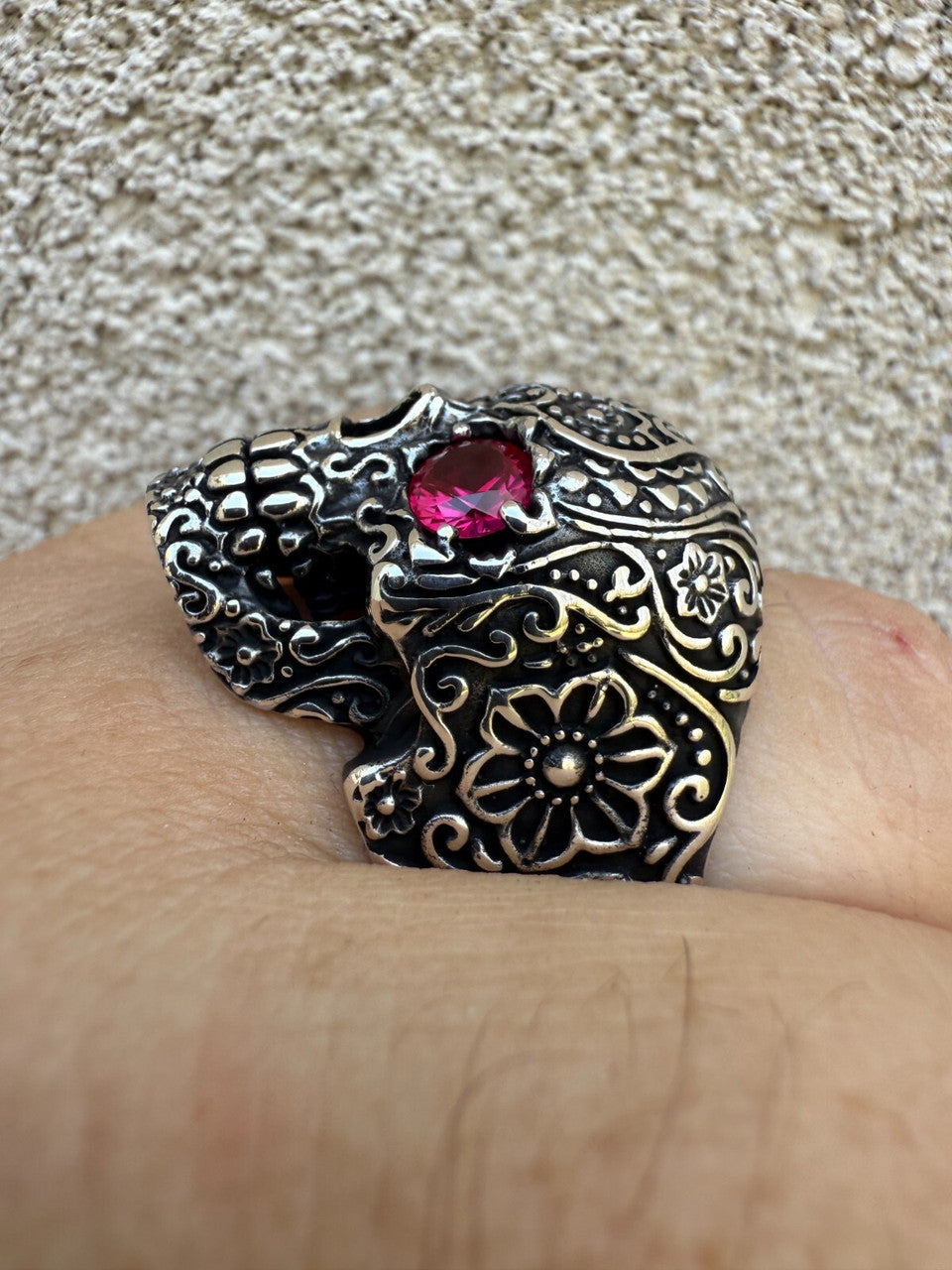 Sugar Skull & Roses Ring - 925 Silver Oxidized