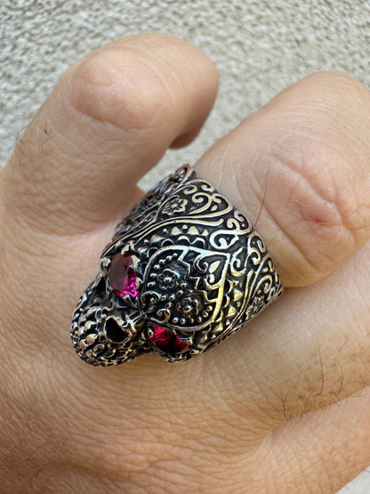 Sugar Skull & Roses Ring - 925 Silver Oxidized