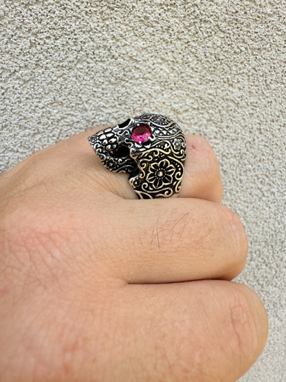 Sugar Skull & Roses Ring - 925 Silver Oxidized