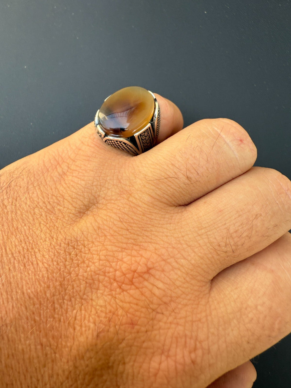 Wealth Ring - 925 Silver Oxidized - Genuine Agate Stone