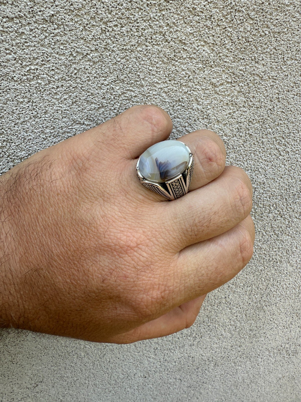 Wealth Ring - 925 Silver Oxidized - Genuine Agate Stone