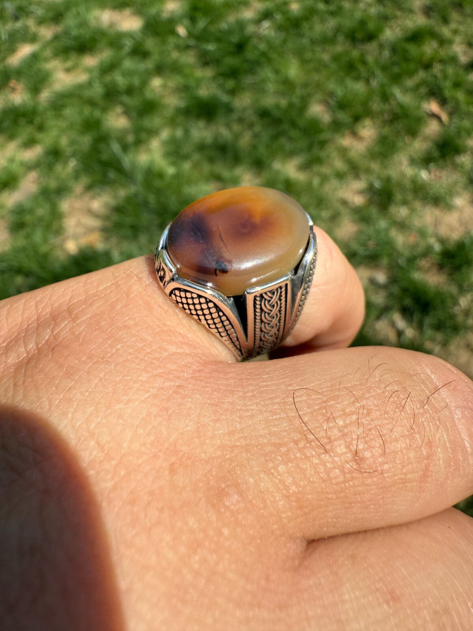 Wealth Ring - 925 Silver Oxidized - Genuine Agate Stone