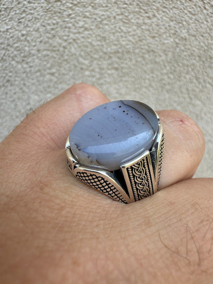 Wealth Ring - 925 Silver Oxidized - Genuine Agate Stone