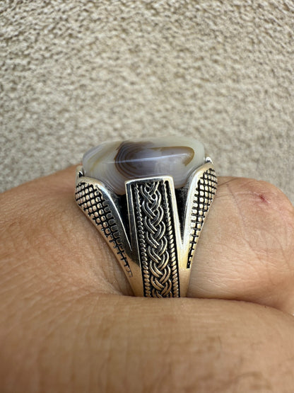 Wealth Ring - 925 Silver Oxidized - Genuine Agate Stone