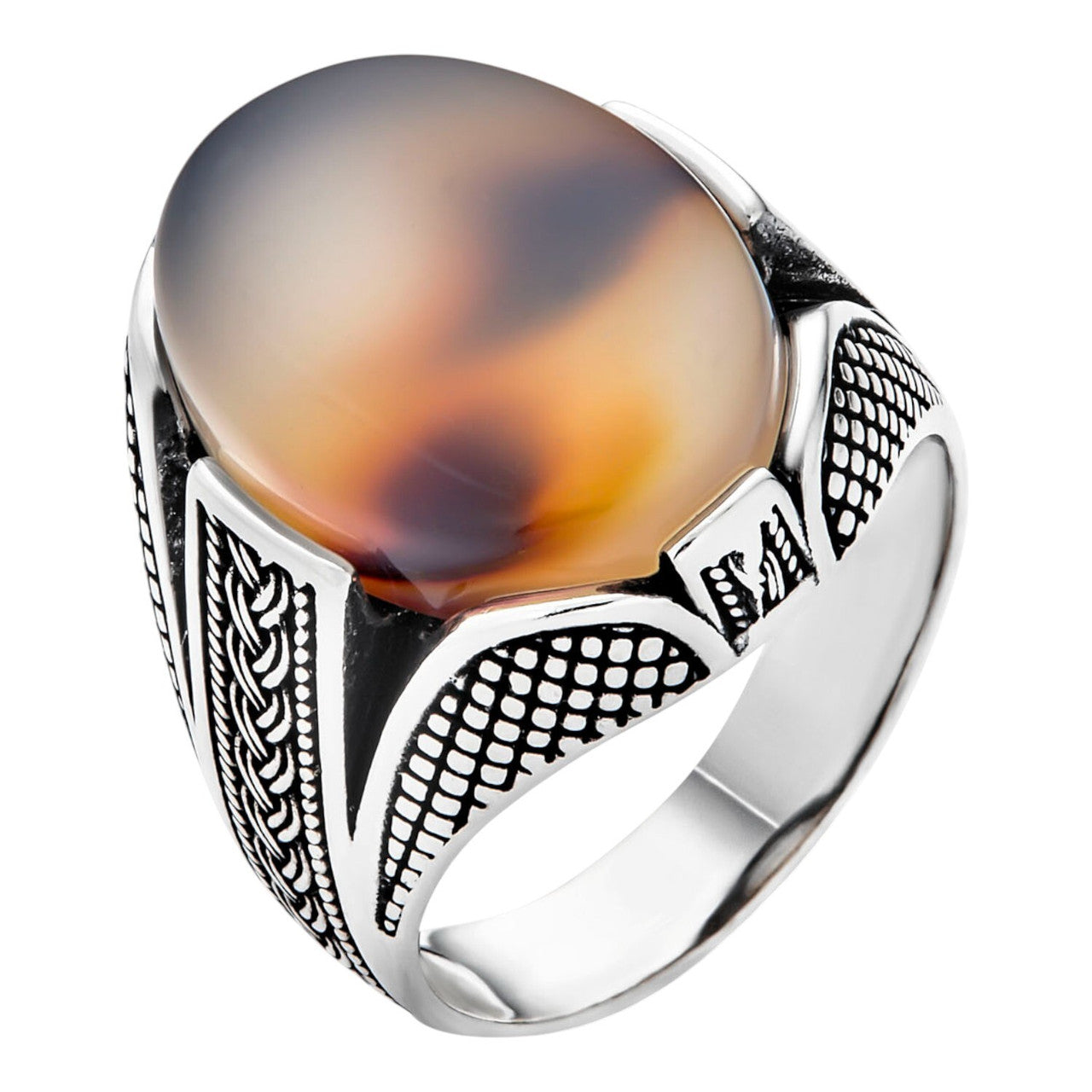 Wealth Ring - 925 Silver Oxidized - Genuine Agate Stone