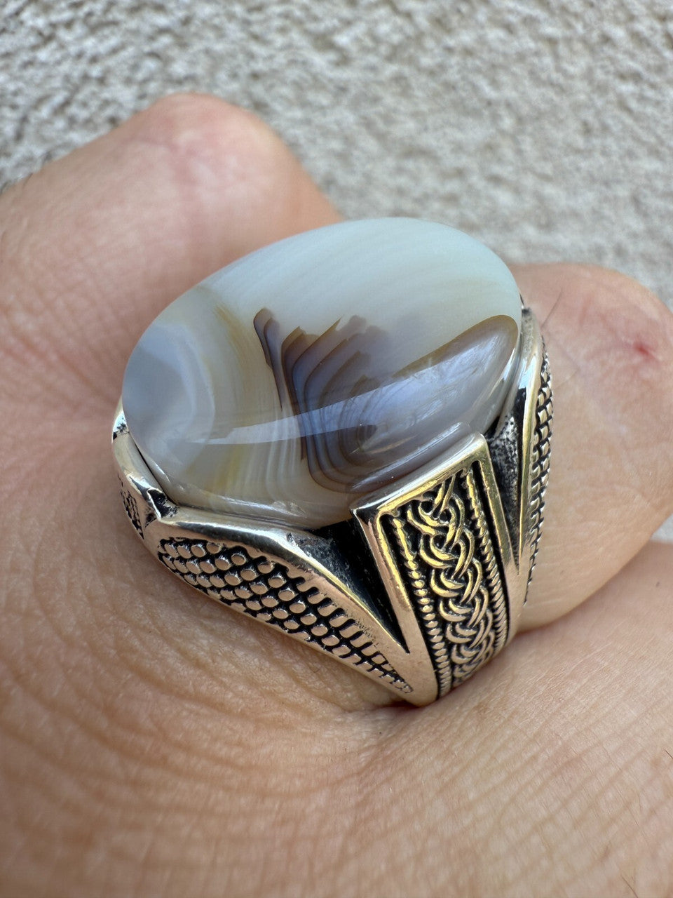 Wealth Ring - 925 Silver Oxidized - Genuine Agate Stone