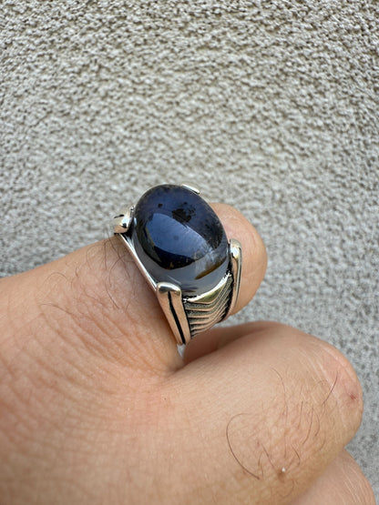 Classic Stone Eye Ring - 925 Silver Oxidized - Genuine Agate Stone