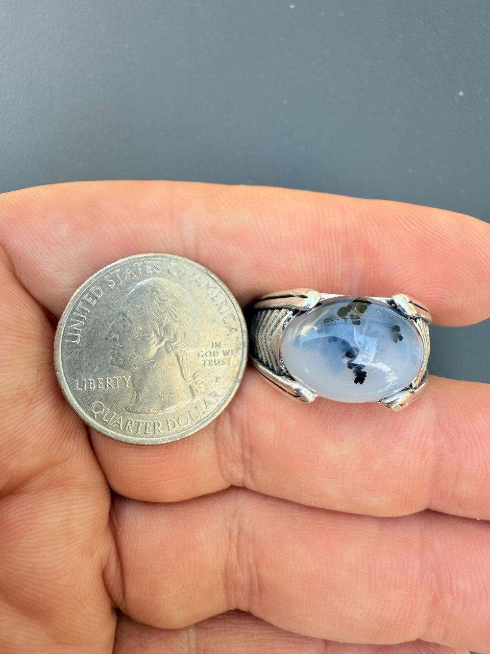 Classic Stone Eye Ring - 925 Silver Oxidized - Genuine Agate Stone