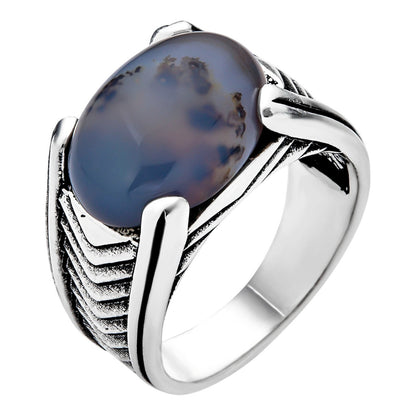 Classic Stone Eye Ring - 925 Silver Oxidized - Genuine Agate Stone