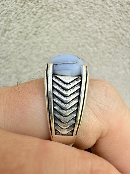 Classic Stone Eye Ring - 925 Silver Oxidized - Genuine Agate Stone