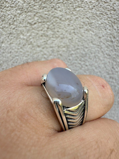 Classic Stone Eye Ring - 925 Silver Oxidized - Genuine Agate Stone