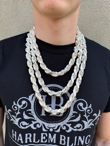 BIGGEST BOSS Rope Chain Necklace - 925 Sterling Silver - 18"-30" - 12.5mm