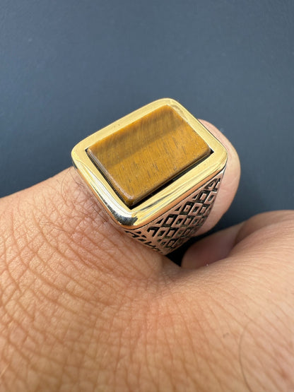 Mens Real Solid 925 Sterling Silver & 10k Gold Tigers Eye Gemstone Square Ring