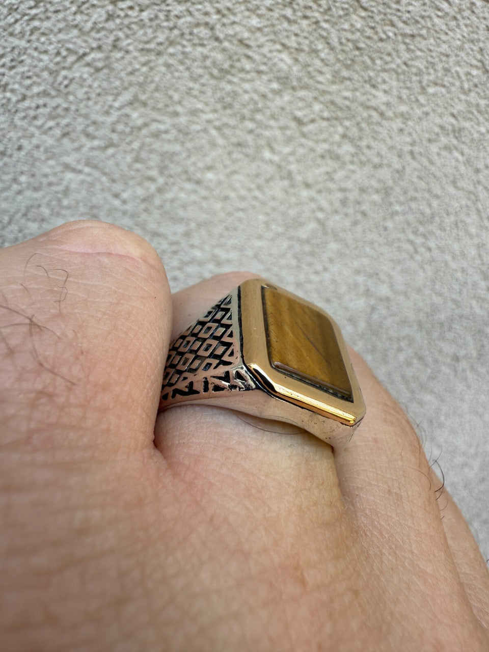 Mens Real Solid 925 Sterling Silver & 10k Gold Tigers Eye Gemstone Square Ring
