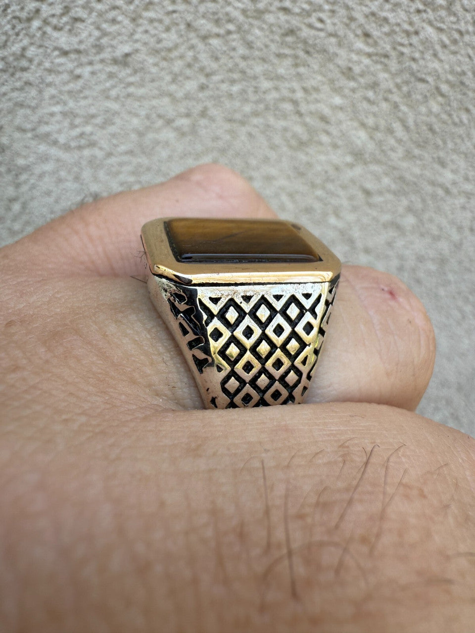 Mens Real Solid 925 Sterling Silver & 10k Gold Tigers Eye Gemstone Square Ring