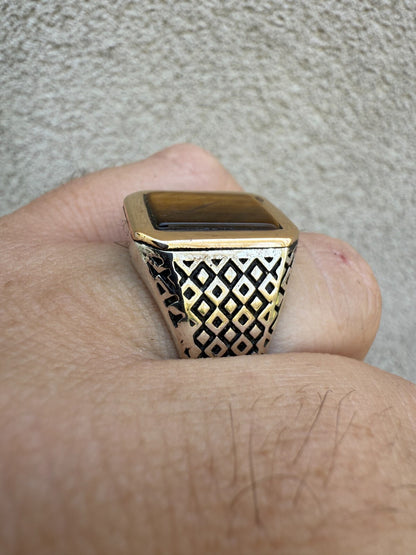 Mens Real Solid 925 Sterling Silver & 10k Gold Tigers Eye Gemstone Square Ring