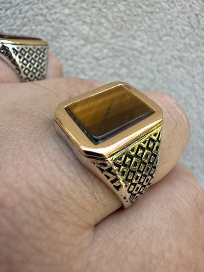 Mens Real Solid 925 Sterling Silver & 10k Gold Tigers Eye Gemstone Square Ring