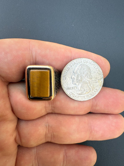 Mens Real Solid 925 Sterling Silver & 10k Gold Tigers Eye Gemstone Square Ring