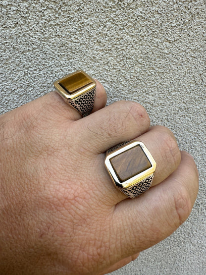 Mens Real Solid 925 Sterling Silver & 10k Gold Tigers Eye Gemstone Square Ring
