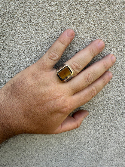 Mens Real Solid 925 Sterling Silver & 10k Gold Tigers Eye Gemstone Square Ring