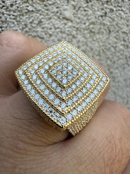 MOISSANITE Large Square Iced Out Ring - 14k Gold Vermeil 925 Silver