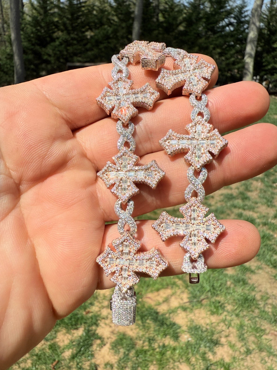 MOISSANITE Eternity 3D Cross Link Bracelet Iced Out - 14k Rose Gold Vermeil & 925 Silver - 24mm - 7.25"-9.25"