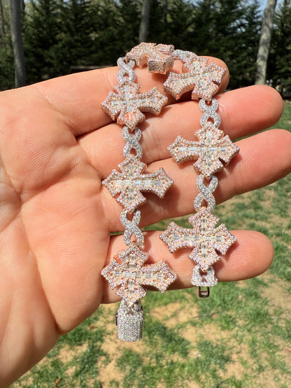 MOISSANITE Eternity 3D Cross Link Bracelet Iced Out - 14k Rose Gold Vermeil & 925 Silver - 24mm - 7.25"-9.25"