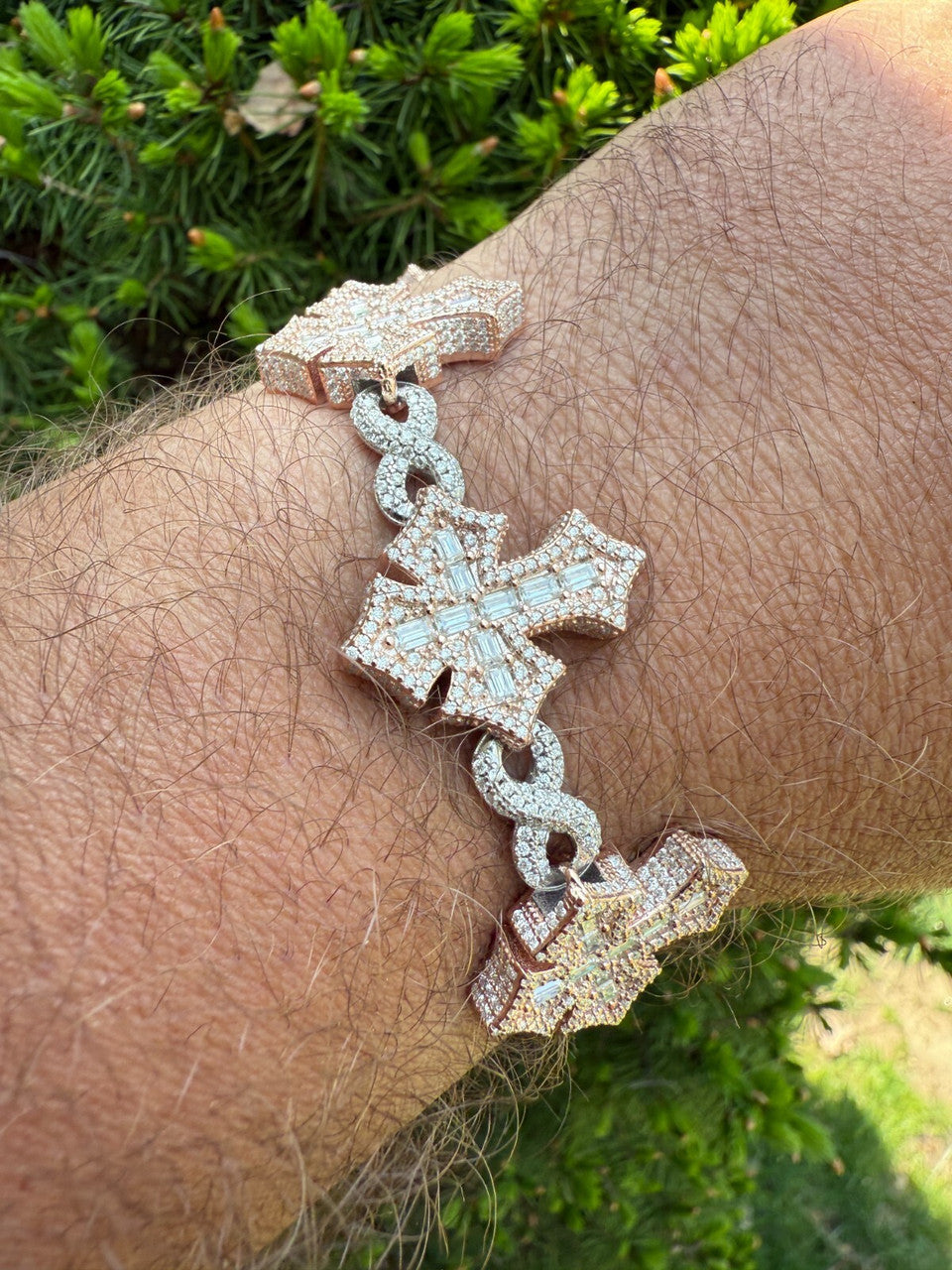 MOISSANITE Eternity 3D Cross Link Bracelet Iced Out - 14k Rose Gold Vermeil & 925 Silver - 24mm - 7.25"-9.25"